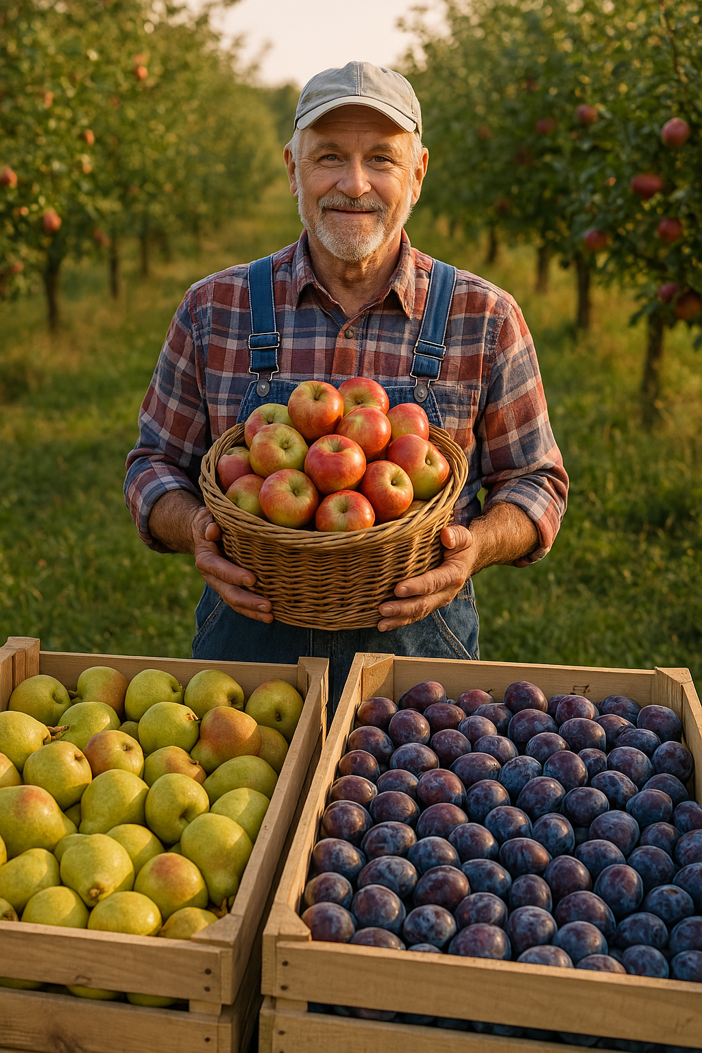 Landwirt mit einem Korb frischer Äpfel