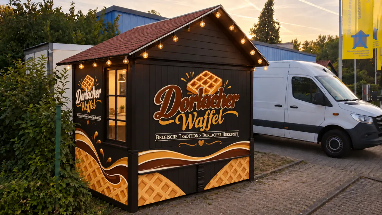 Dorlacher Waffel – mobiler Waffelstand Mobiler Verkaufsanhänger von Dorlacher Waffel mit warmer Lichterkette